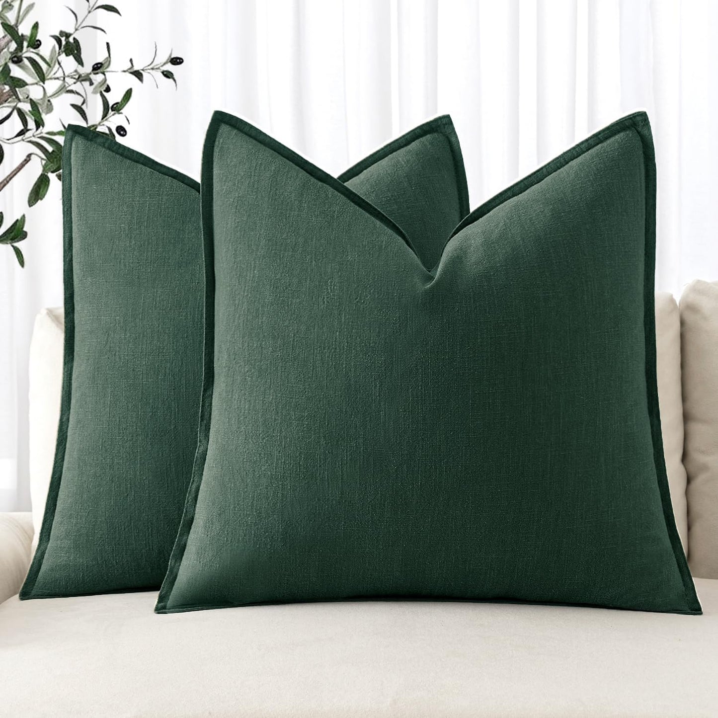 Christmas Decorative Linen Pillow Covers 18X18 Inch Dark Green ​Boho Farmhouse​ ​Neutral Couch Throw Pillows for Bed Pack of 2 Accent Modern Pillowcase Sofa Livingroom Home Decor