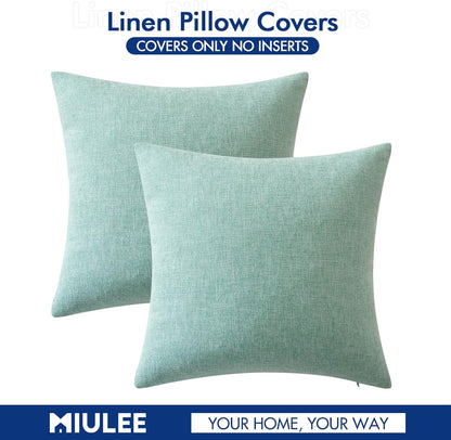 Pack of 2 Decorative Farmhouse Linen Pillow Covers Rustic Boho Accent Outdoor Couch Throw Pillow Covers for Cushion Bed Sofa Living Room Home Decor 18X18 Inch Aqua Green