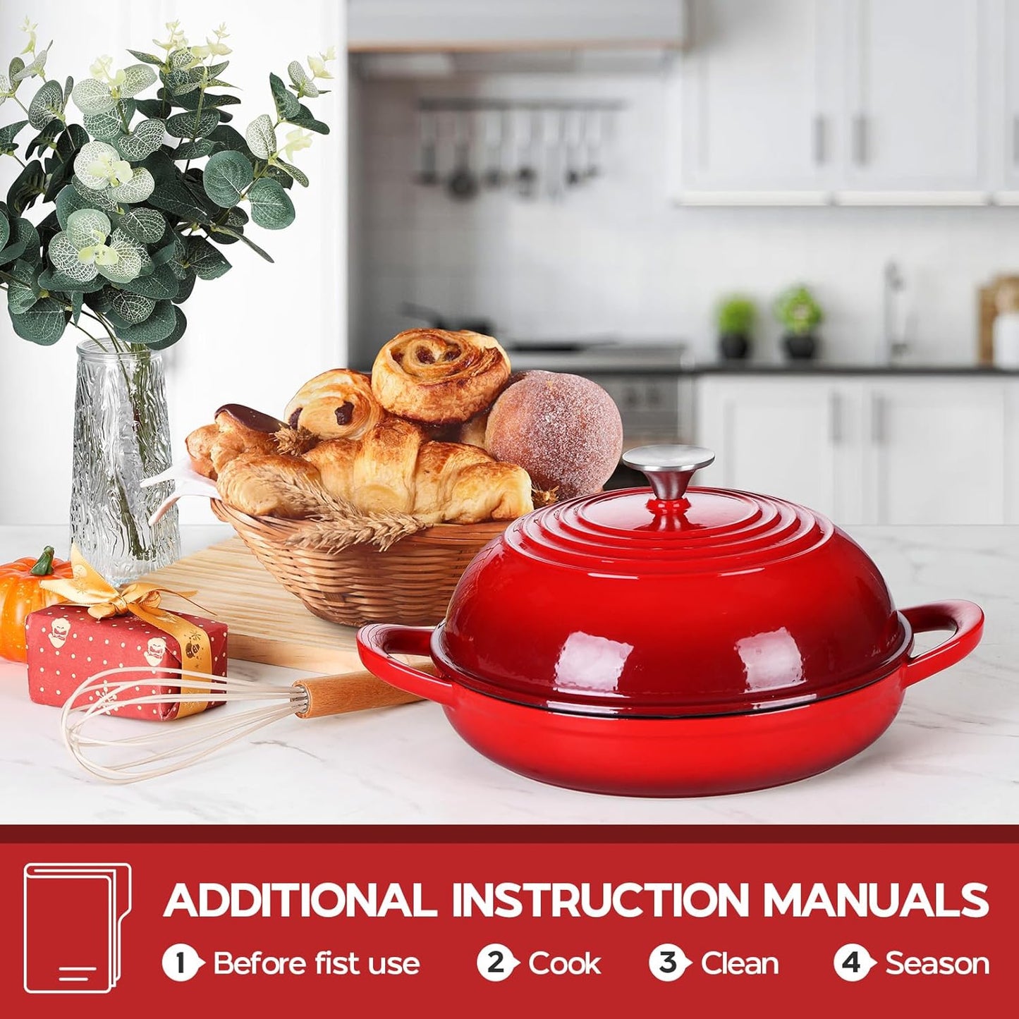 Dutch Oven for Bread Baking, 5.5 Quart Enameled Cast Iron Bread Oven with Lid, round Bread Pan for Homemade Sourdough Baking, Easy to Clean & Dome Lid, Red