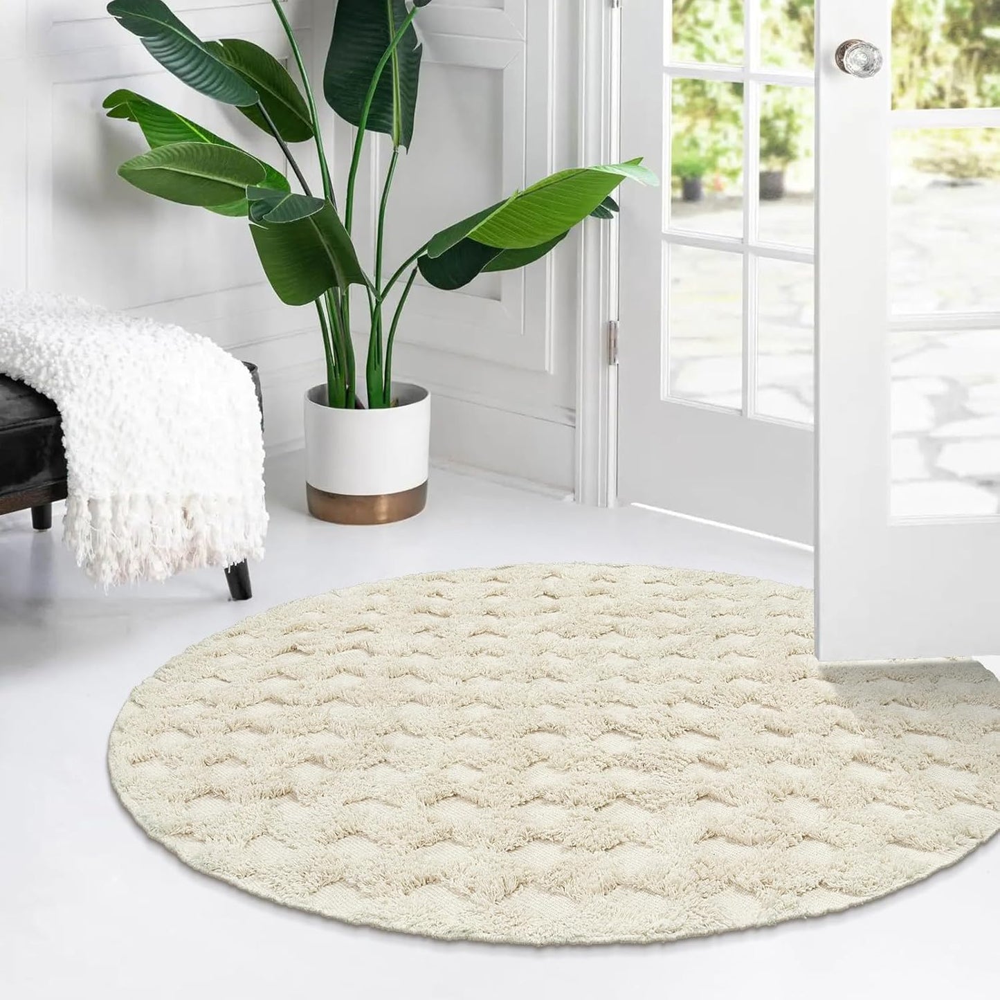 Checkered Boho round Rug 3Ft, Small Beige Circle Bathroom Nursery Rug Cotton Indoor Bath Door Mat with Tufted, Farmhouse Checkerboard Washable Cream Carpet for Dorm Entryway Room Decor