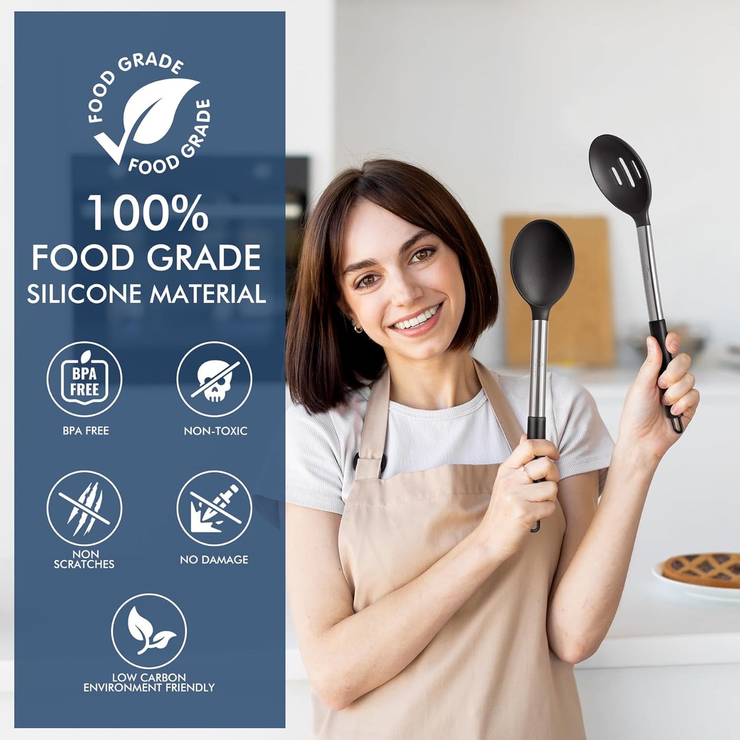 446°F Heat Resistant Large Silicone Cooking Spoon, BPA Free Solid Slotted Spoons, Nonstick Kitchen Cookware Utensils, Mixing, Serving, Stiring Large Spoons, Black