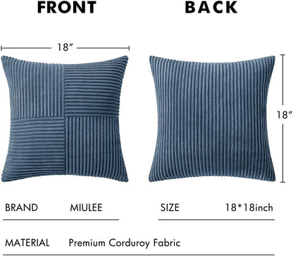 Blue Corduroy Pillow Covers Pack of 2 Boho Decorative Spliced Throw Pillow Covers Soft Solid Couch Pillowcases Cross Patchwork Textured Cushion Covers for Living Room Bed Sofa 18X18 Inch