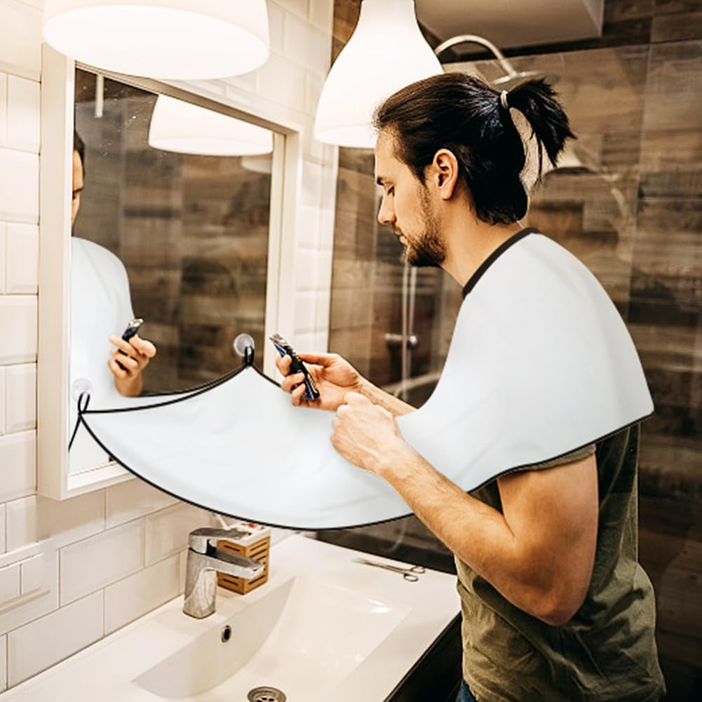 Beard Bib Beard Apron, Beard Hair Catcher for Men Shaving & Trimming Non-Stick Waterproof Beard Cape Grooming Cloth with 3 Suction Cups & a Box Birthday Gifts for Father'S Day Men Him Boyfriend(White)
