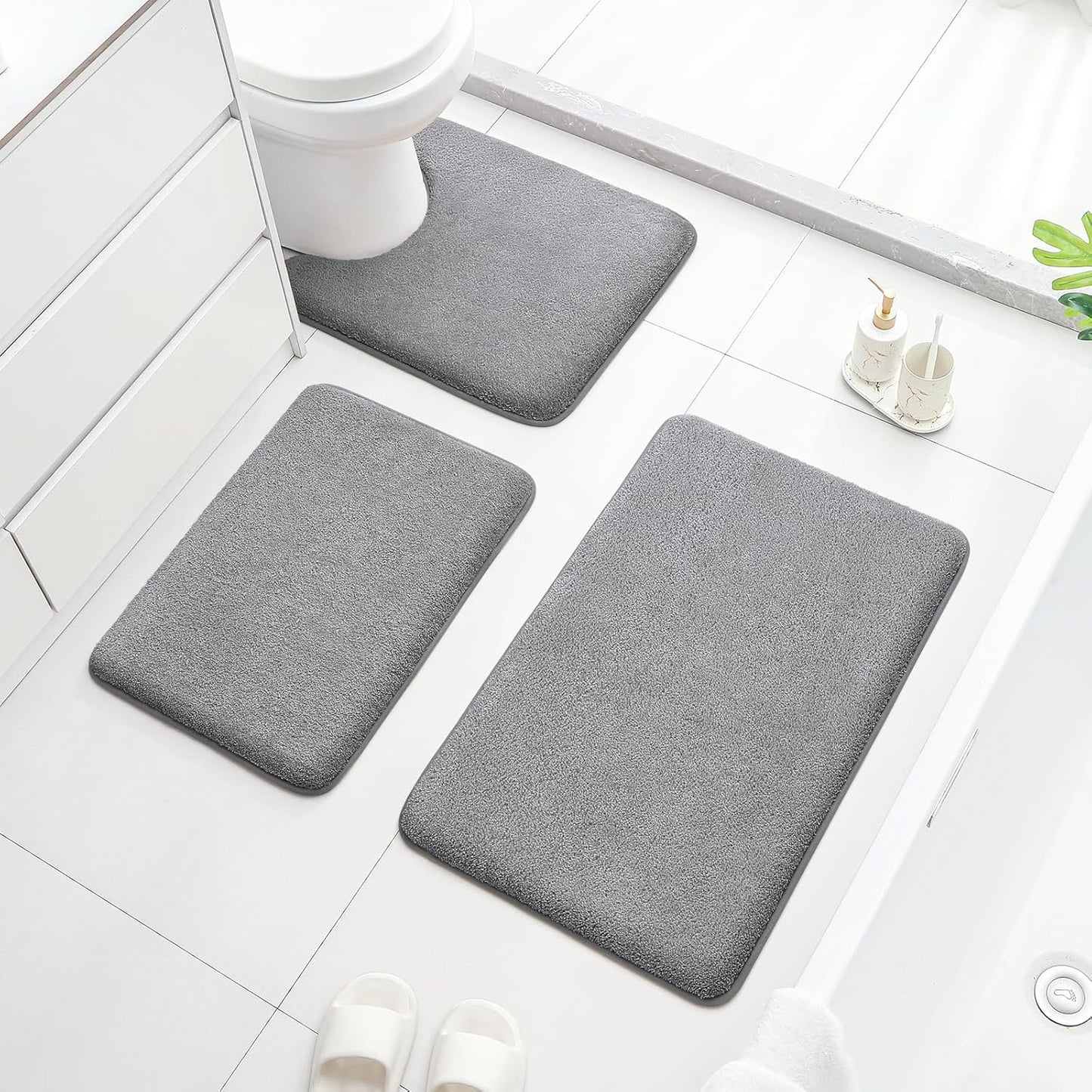 Upgraded Bathroom Rugs Sets 3 Piece, Extra Thick Absorbent Soft Memory Foam, Washable Toilet Bath Mat (Grey,17"X24"+20"X32"+U Shape 20"X24")