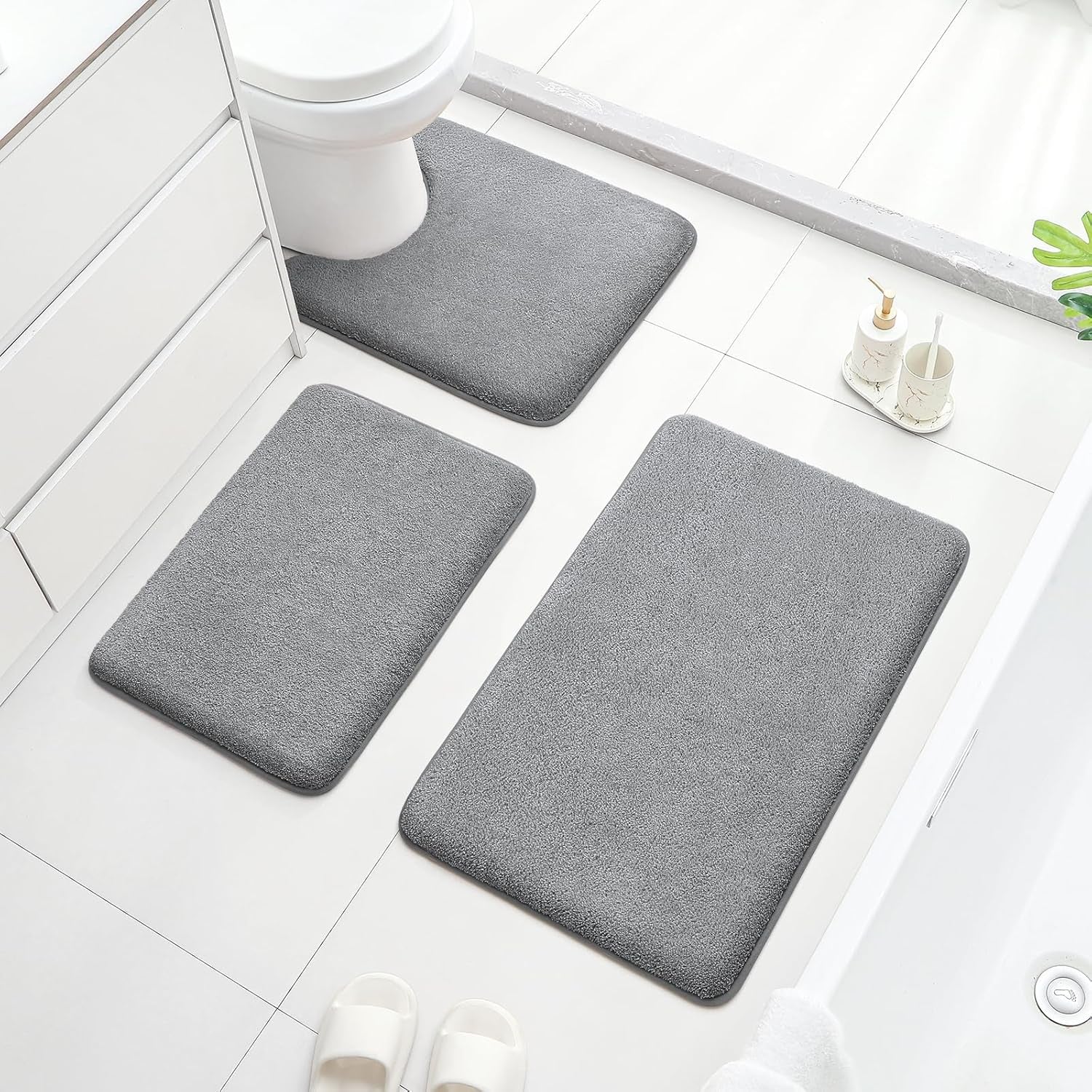 Upgraded Bathroom Rugs Sets 3 Piece, Extra Thick Absorbent Soft Memory Foam, Washable Toilet Bath Mat (Grey,17"X24"+20"X32"+U Shape 20"X24")