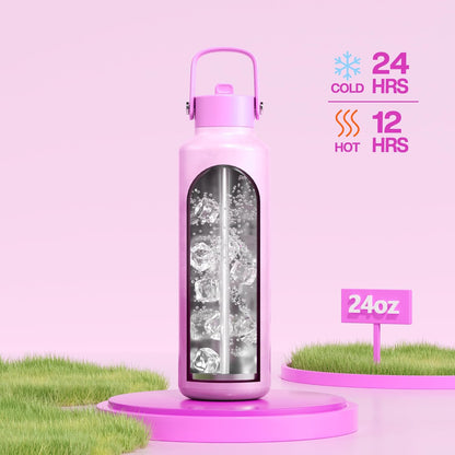 24 Oz Double Walled Water Bottle for Women: Leakproof, Cup Holder Friendly, Standard Mouth, Top Handle, Insulated Stainless Steel Flask for Student, Teacher, Nurse, Commuter, Bag, Home (Cloudy Rose)