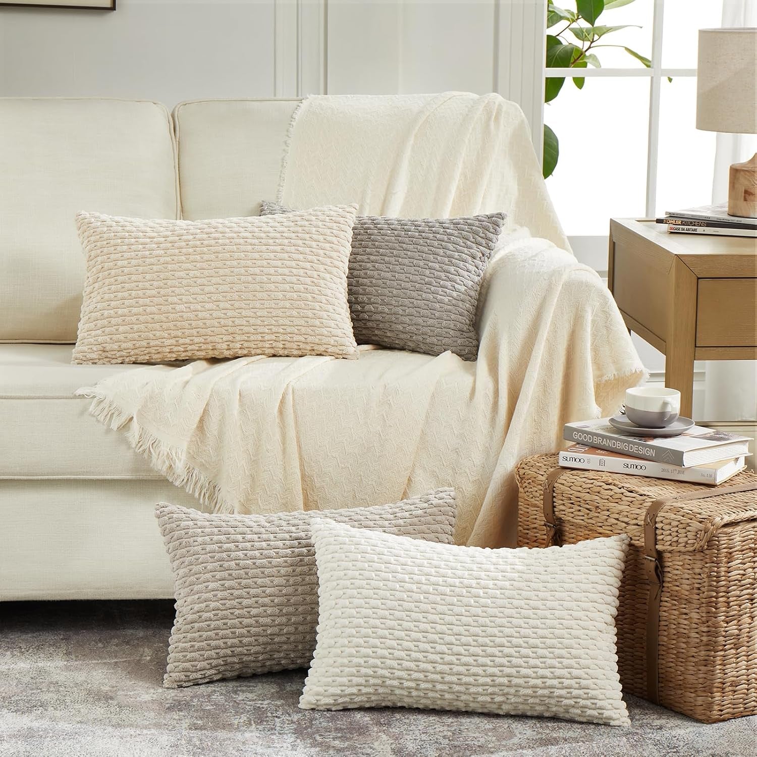 Set of 2 Boho Grey Lumbar Decorative Throw Pillow Covers 12X20 Inch for Couch Bed Chair, Neutral Farmhouse Home Decor, Soft Fluffy Corduroy Rectangle Aesthetic Cushion Case 30X50 Cm