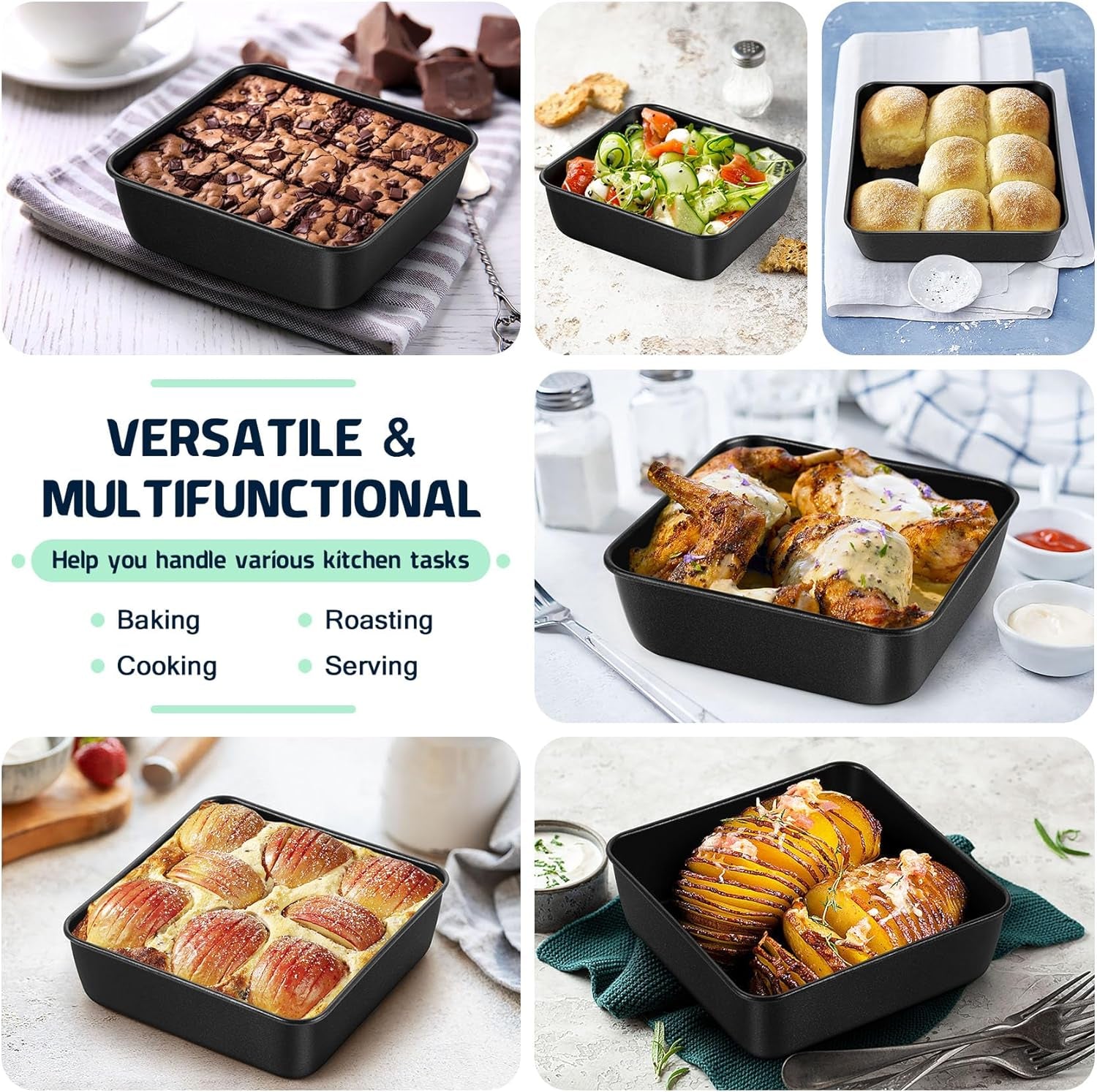 6 Inch Square Cake Pan, Nonstick Square Baking Pan for Cake Brownie Lasagna, Stainless Steel Core for Sturdy Structure, Non-Toxic & Oven Safe, Black, 1Pc