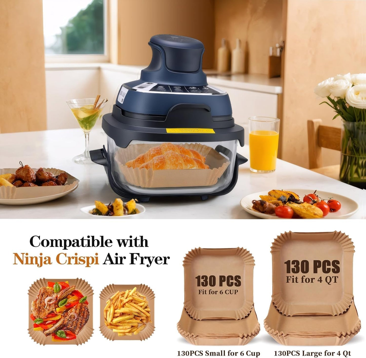 260Pcs Air Fryer Liners Disposable for Ninja Crispi, Parchment Paper Sheets Air Fryer Accessories for Ninja Glass Portable Cooking System