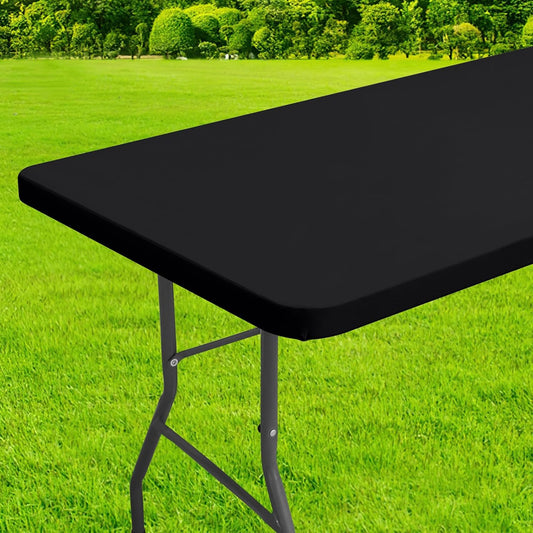 Rectangle Table Cloth Cover, Waterproof Polyester Elastic Fitted Tablecloth, Fits for 6 Foot Folding Tables, Washable Table Protector for Picnic, Camping, Outdoor (Black, 30" X 72")