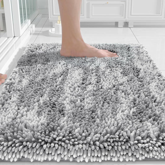 Chenille Bathroom Rugs Non Slip, Extra Thick Soft Absorbent Bath Rug 24X17 Inch, Machine Washable Quick Dry Bath Mat for Bathroom Floor, Tub and Shower, Home Decor Accessories, Light Grey