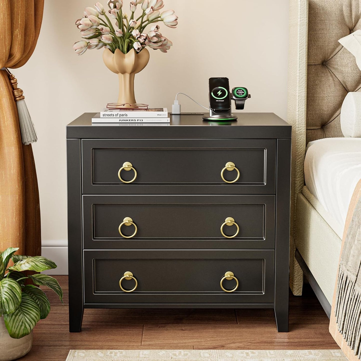 23.6-Inch Modern Nightstand with Charging Station and USB-C Port, Three Drawer Bedside Table, Black Finish