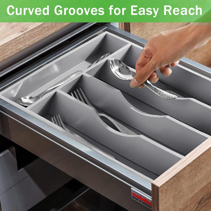Gray Silverware Organizer 10 in Utensil Organizer Silverware Tray for Drawer Cutlery Flatware Organizer for Kitchen Bamboo Wood