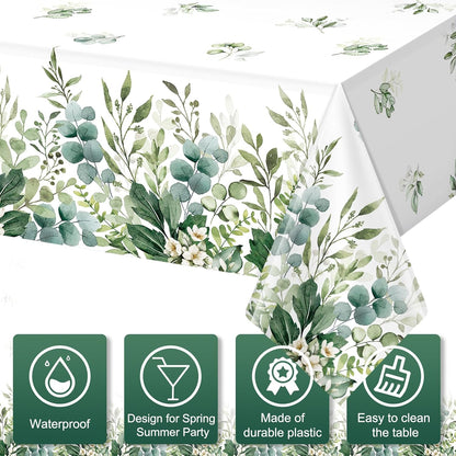 3 Pack Spring Sage Green Baby Shower Plastic Tablecloth, Eucalyptus Leaf Disposable Table Cover, Summer Rectangle Table Cloth for Bridal Baby Shower Birthday Wedding Party Decorations, 54X108 Inch