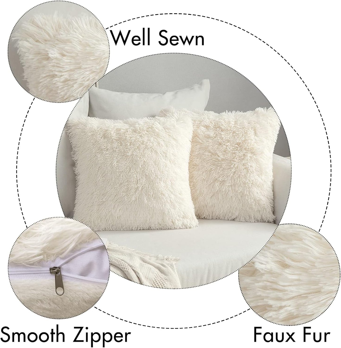 Pack of 2 Luxury Faux Fur Throw Pillow Cover Deluxe Winter Decorative Plush Pillow Case Cushion Cover Shell for Sofa Bedroom Car 18 X 18 Inch Beige