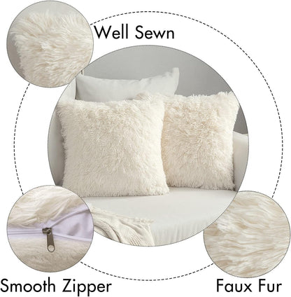 Pack of 2 Luxury Faux Fur Throw Pillow Cover Deluxe Winter Decorative Plush Pillow Case Cushion Cover Shell for Sofa Bedroom Car 18 X 18 Inch Beige