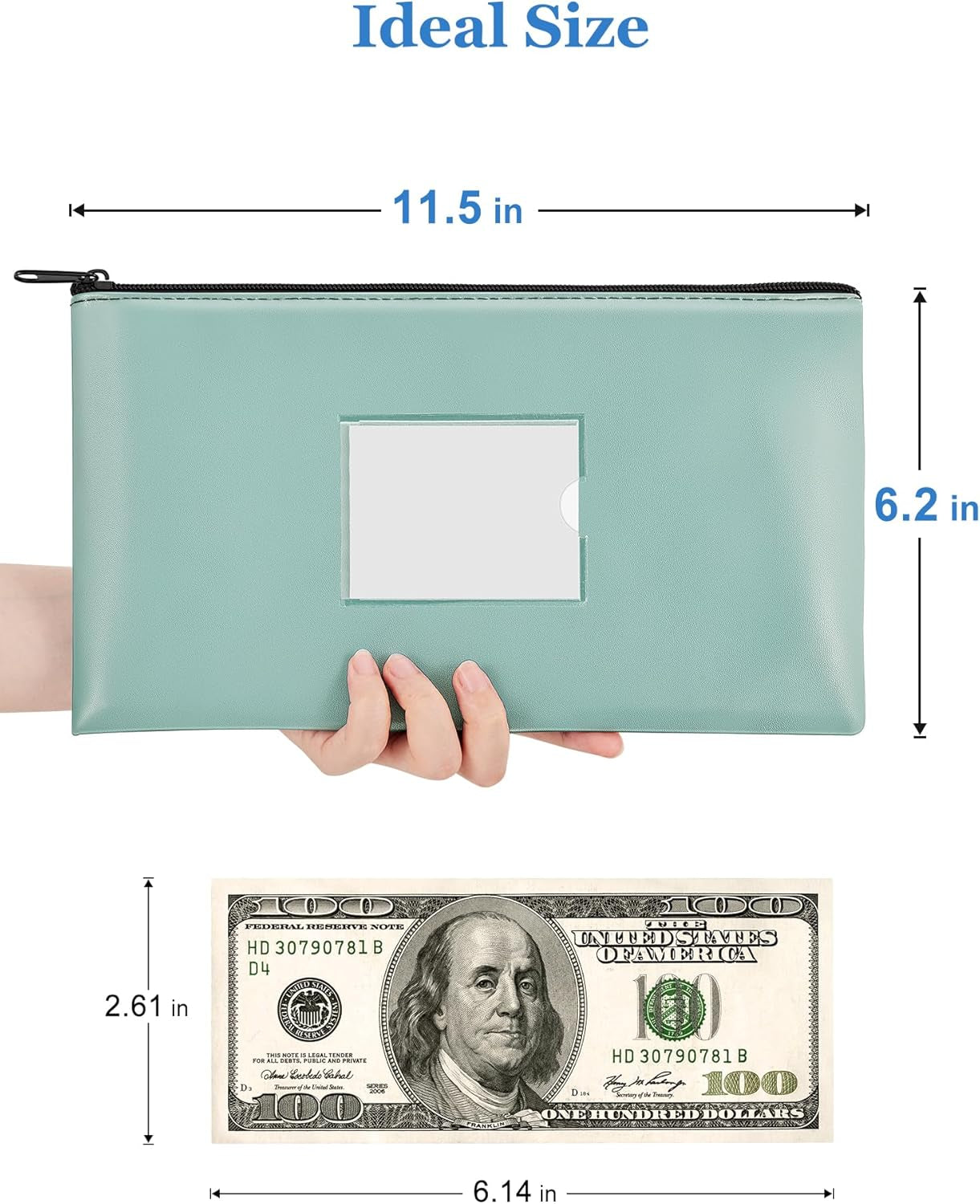 2-Pack Bank Deposit Money Bags with Zipper, PU Leather Bags Cash Wallet Pouches with Label, for Coins, Cosmetics, Invoice, Bills, Tools, 11.5 X 6.2 Inches, Aqua Blue & Black
