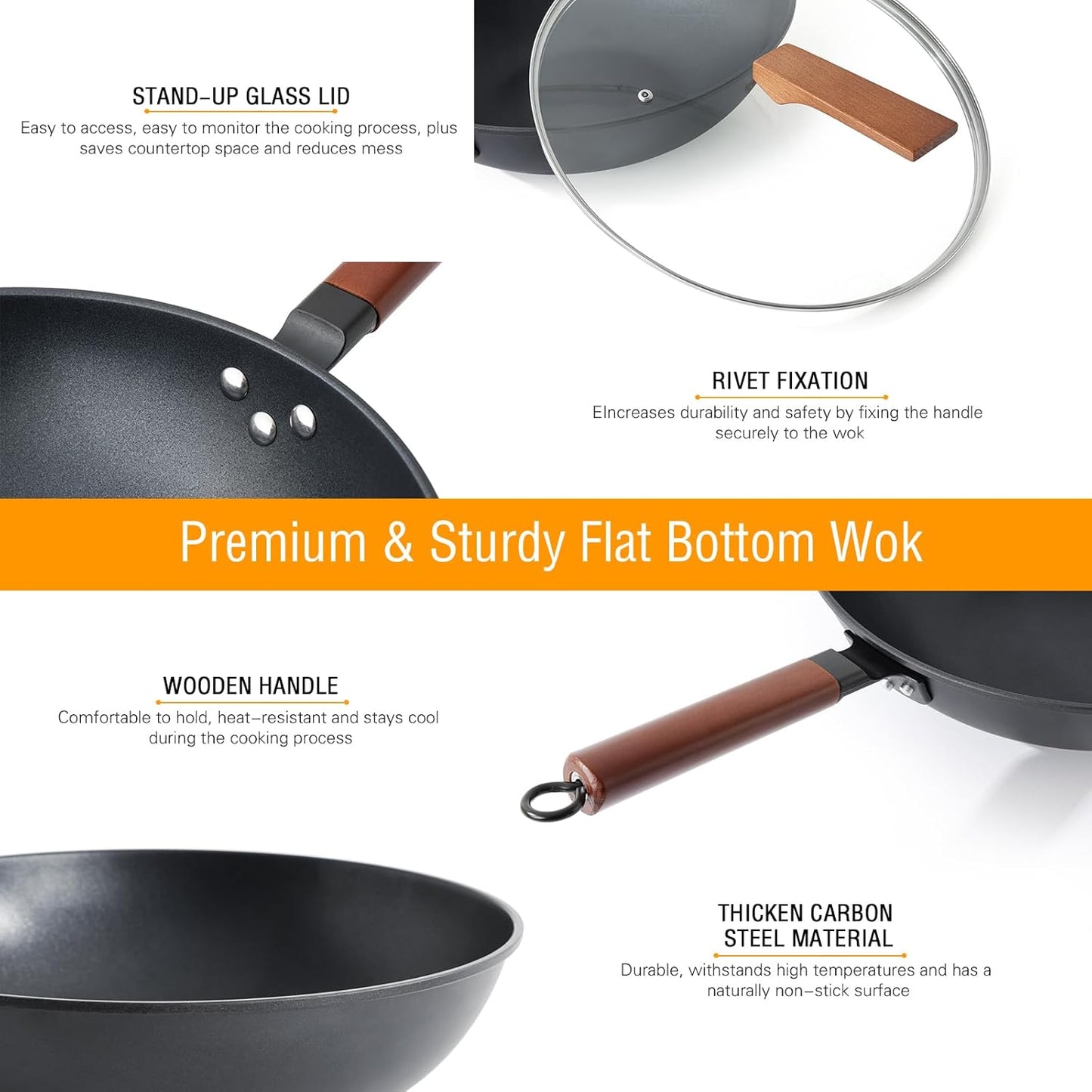 Nonstick Wok with Lid, 13 Inch Woks & Stir Fry Pans Nonstick, Carbon Steel Wok for Cooking, Pre-Seasoned Flat Bottom Chinese Wok for Induction, Electric, Gas Stoves