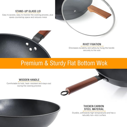 Nonstick Wok with Lid, 13 Inch Woks & Stir Fry Pans Nonstick, Carbon Steel Wok for Cooking, Pre-Seasoned Flat Bottom Chinese Wok for Induction, Electric, Gas Stoves