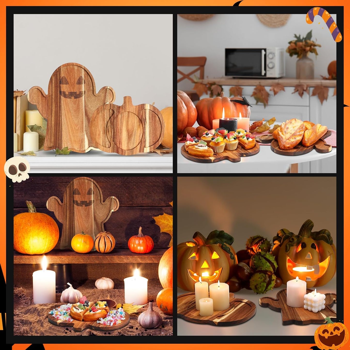 Set of 2 Halloween-Themed Acacia Wood Charcuterie Boards - Pumpkin and Ghost Shaped Cutting Boards with Handles for Serving Cheese, Vegetables, and Salads