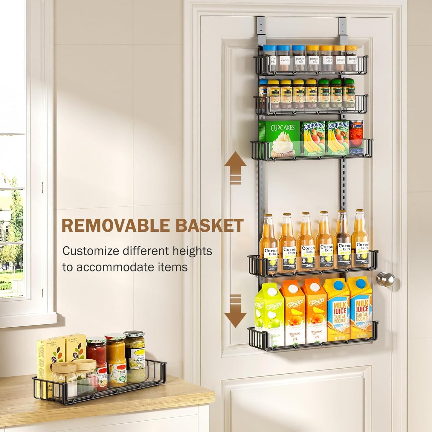 Adjustable over the Door Pantry Organizer with Clear Acrylic Panel, 6-Tier Pantry Organization and Storage for Kitchen, Hanging Spice Rack Seasoning Shelves for Cabinet, Easy Install, Black