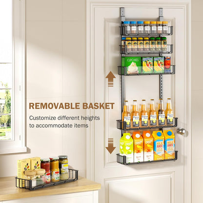 Adjustable over the Door Pantry Organizer with Clear Acrylic Panel, 6-Tier Pantry Organization and Storage for Kitchen, Hanging Spice Rack Seasoning Shelves for Cabinet, Easy Install, Black