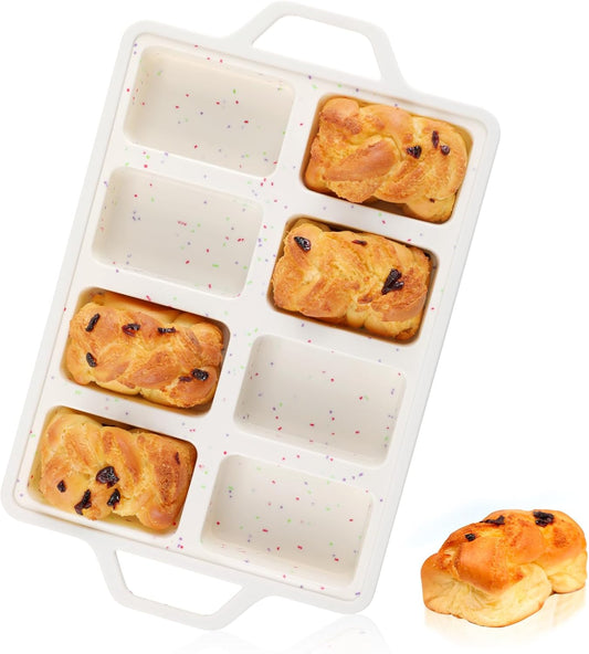 Silicone Mini Loaf Pans with Metal Reinforced Frame-1 Pack, Non-Stick Silicone Bread Pan for Baking 8-Cavity, Tiny Banana Bread Pan Set, Dishwasher Safe Brownie Pan-Cream