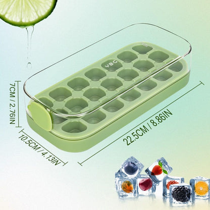 Ice Cube Tray with Lid and Bin for Freezer - 21 Pcs Silicone Ice Cube Mold, No Touch Easy Release - BPA Free, Reusable, Stackable, Suitable for Cocktails Whiskey Coffee and More (Green-21 Pcs)