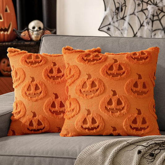 Fall Halloween Throw Pillow Covers 18X18 Decorative Pumpkin Pattern Pillowcases Soft Plush Faux Wool Cushions for Home Patio Sofa Couch,Orange