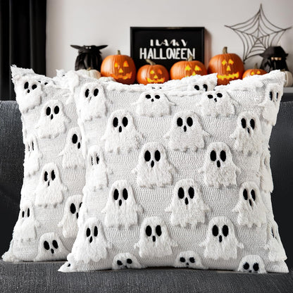 Halloween Pillow Covers Set of 2 White Ghost Decorative Soft Throw Pillows Plush Faux Fur Wool Couch Cushion Case for Fall Decor Chair Sofa Bedroom Living Room 18X18 Inch