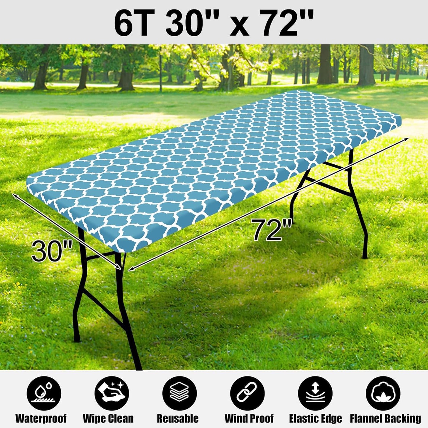 Rectangle Waterproof Picnic Table Cover with Elastic Fit, Durable Flannel-Backed Vinyl Protector for 6-Foot Tables, Ideal for Indoor and Outdoor Use (Light Blue, 30x72 Inches)