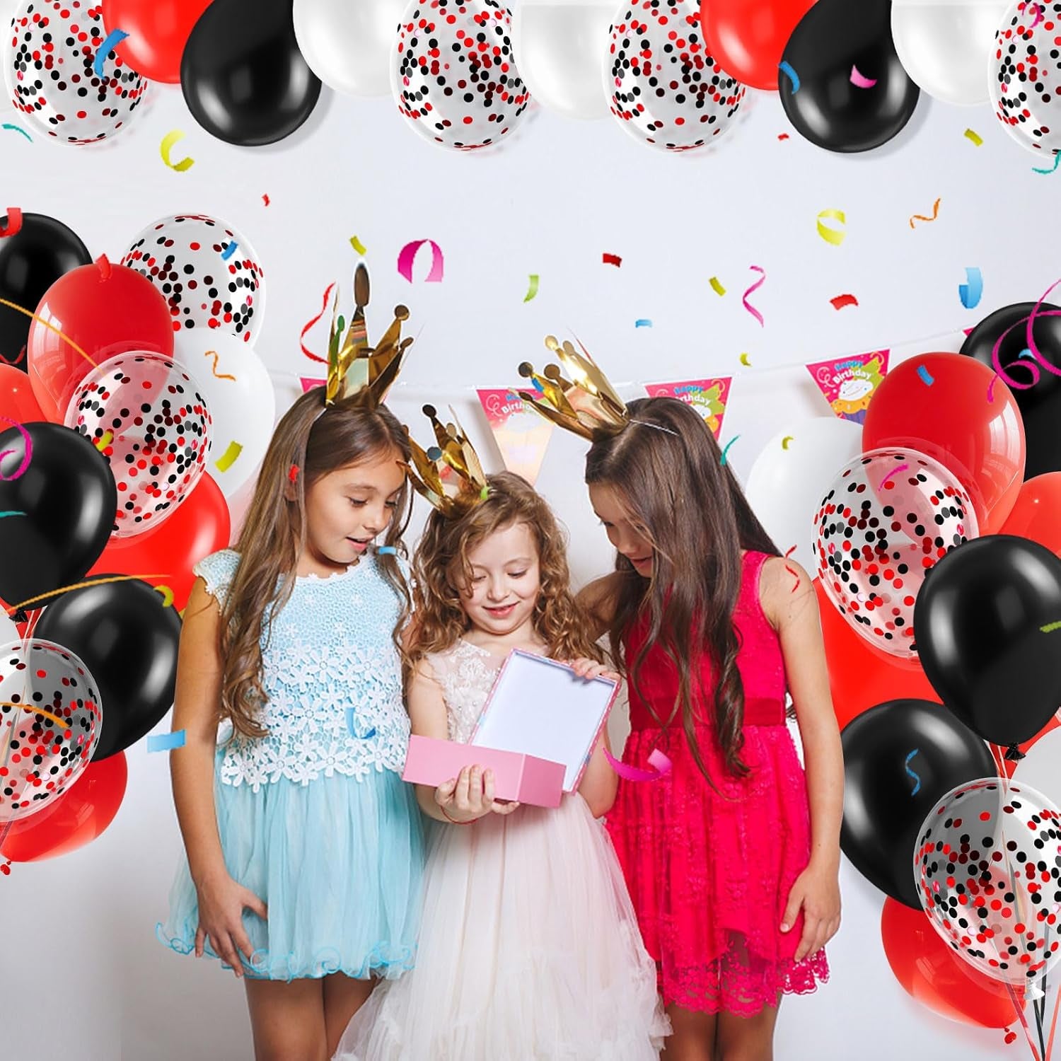 Red White and Black Balloons 12 Inch Black Red Confetti Party Decoration Balloons with Ribbons for Birthday, Wedding, Baby Shower, Anniversary, Casino Theme, Graduation Party Supplies