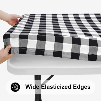Rectangular Waterproof Fitted Vinyl Picnic Tablecloth, Flannel-Backed Buffalo Plaid Cover for Dining and Outdoor Use (Black and White, 30" x 72")