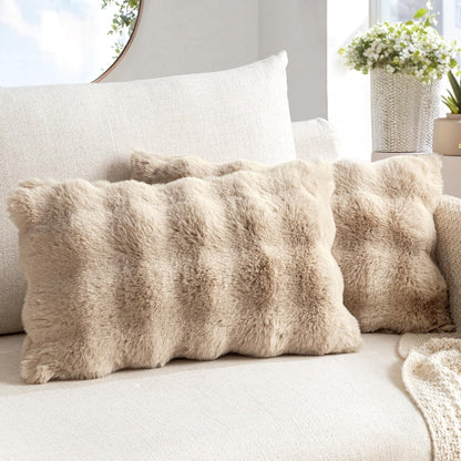 Set of 2 Luxurious Faux Fur Lumbar Pillow Covers, Soft Plush Decorative Cushions for Couch, Bedroom, and Living Room, 12x20 Inch, Khaki