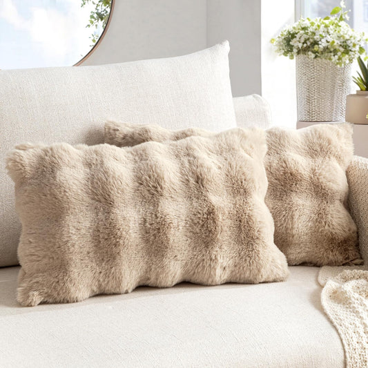 Set of 2 Luxurious Faux Fur Lumbar Pillow Covers, Soft Plush Decorative Cushions for Couch, Bedroom, and Living Room, 12x20 Inch, Khaki