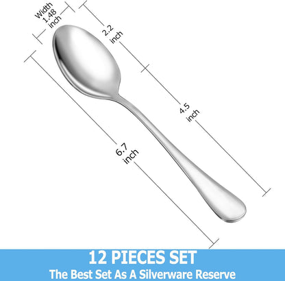 12 Piece Teaspoons Set,Food Grade Stainless Steel Tea Spoons,Durable Small Spoons,Metal Dessert Spoon,Spoon Silverware for Home,Kitchen or Restaurant,Mirror Polished & Dishwasher Safe,6.7-Inch