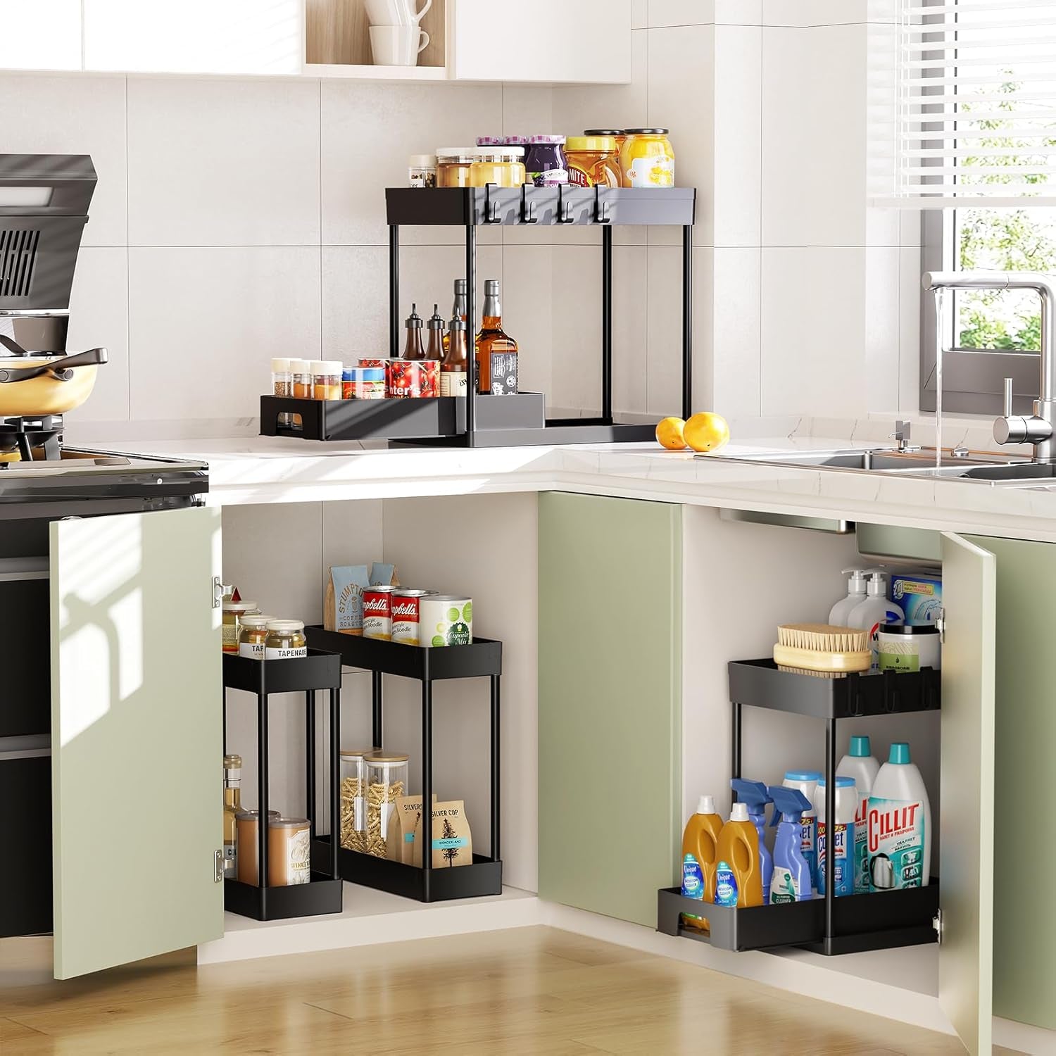 3 Pack under Sink Organizers and Storage, 2 Tier Black Bathroom Cabinet Organizer, Multi-Use Kitchen Bathroom Organizers and Storage, under Counter Organizer with Hooks