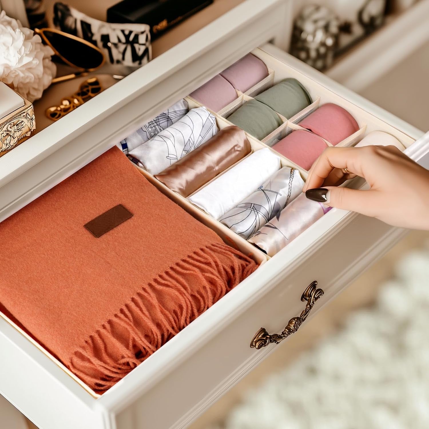 Underwear Sock Drawer Organizer Dividers 8 Set, Foldable Dresser Closet Organizers and Storage Bins for Baby Clothing, Sock, Underwear, Bra, Ties, Scarf (Beige)
