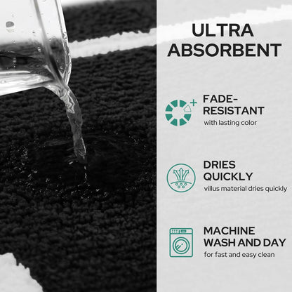 Bathroom Rugs Sets 2 Piece, Soft and Water Absorbent Microfiber Carpet, Non-Slip Washable Bath Mats (20"X32"+16"X24", Black and White)