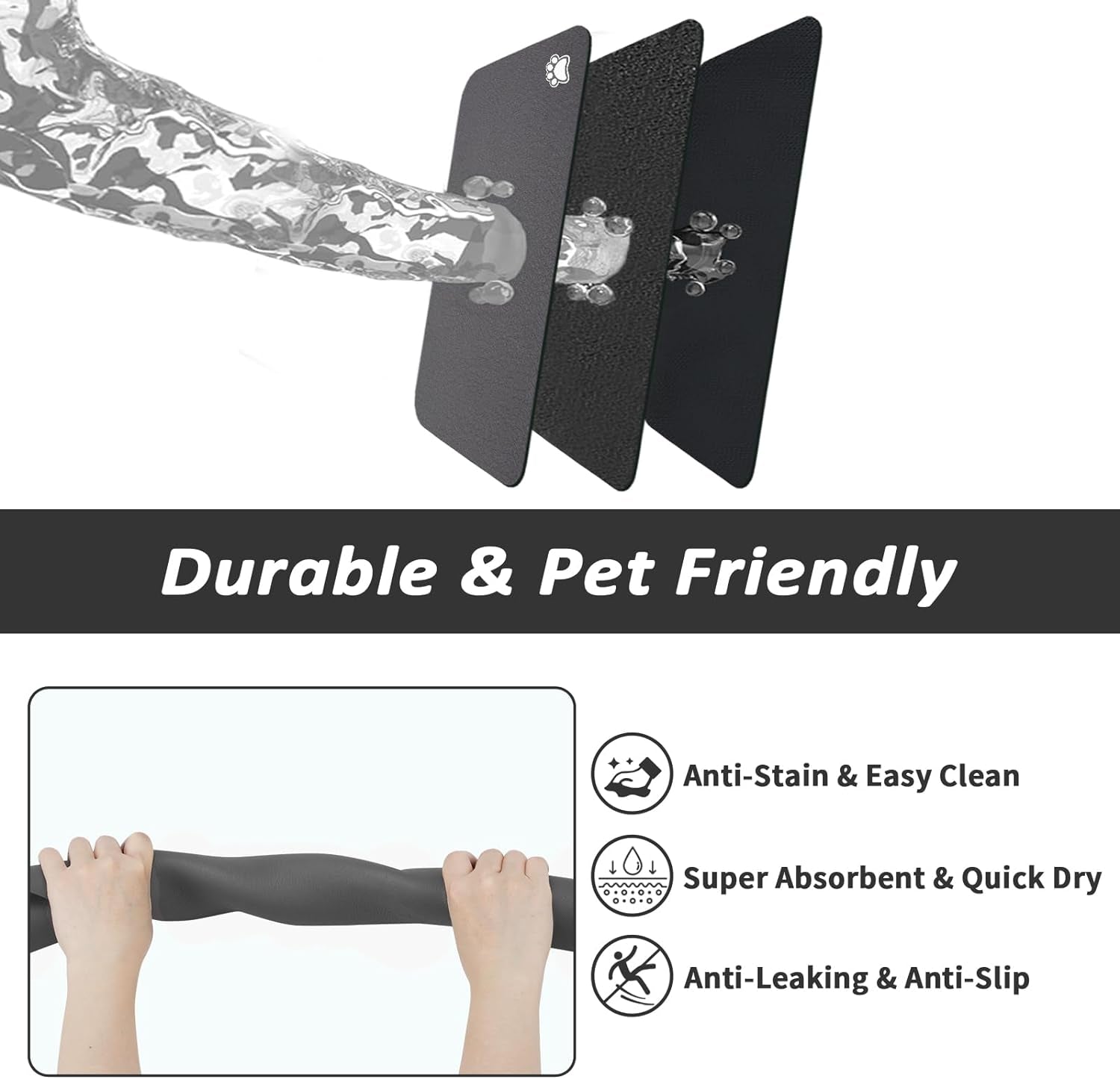 Pet Feeding Mat - Absorbent Dog Mat for Food and Water, No Stains Cat Bowl Mat, Easy to Clean Pet Placemats, Quick Dry Dog Water Dispenser Mat for Messy Drinkers | Paw Dark Grey 12"X 19"
