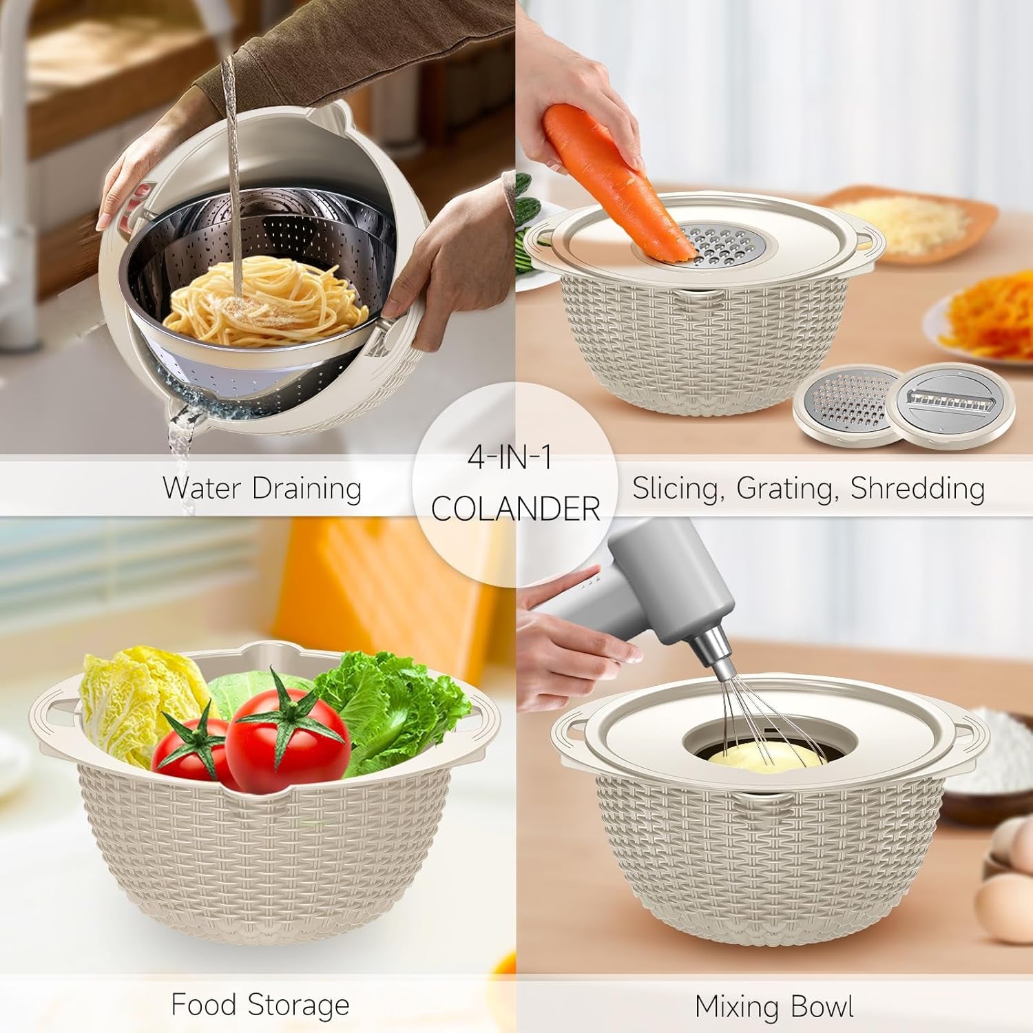 4-in-1 Rotatable Colander and Bowl Set with Measuring Spoons - Aesthetic Food Strainers and Colanders for Kitchen Essentials - Beige