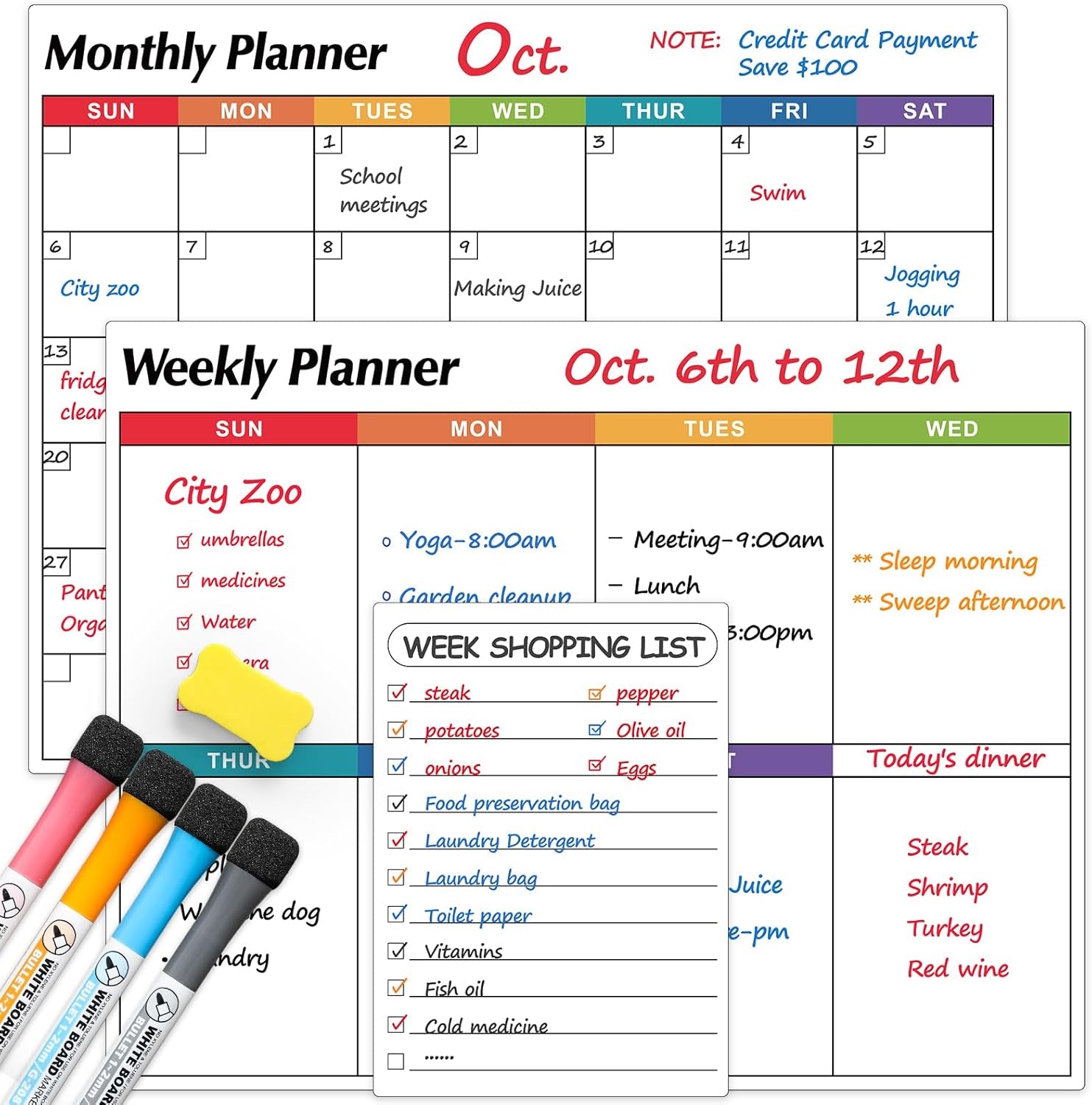 3 Pack Dry Erase Magnetic Calendar for Refrigerator - Monthly & Weekly & Daily Planner + 2 PCS Magnetic Dry Erase Whiteboard for Fridge