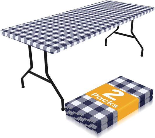 Picnic Table Cloth 2 Pack, Waterproof Elastic Fitted Tablecloths for 6FT Rectangle Tables, Washable Polyester Buffalo Plaid Tablecloth for Camping, Dining & Outdoor (Navy & White, 30" X 72")