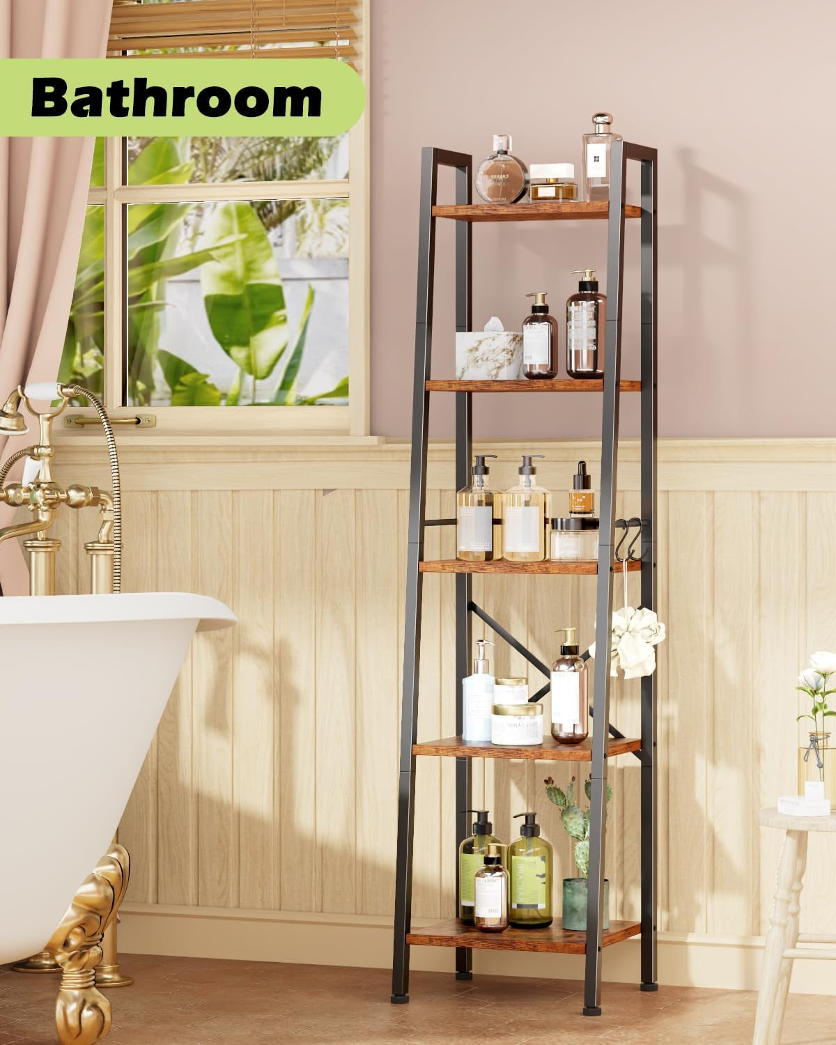 5 Tier Ladder Shelf Bookcase, Tall Narrow Bookshelf with 2 Hooks, Rustic Brown Bathroom Corner Book Shelf, Metal Wood Book Case Standing Unit, Display Shelf for Living Room Office Kitchen