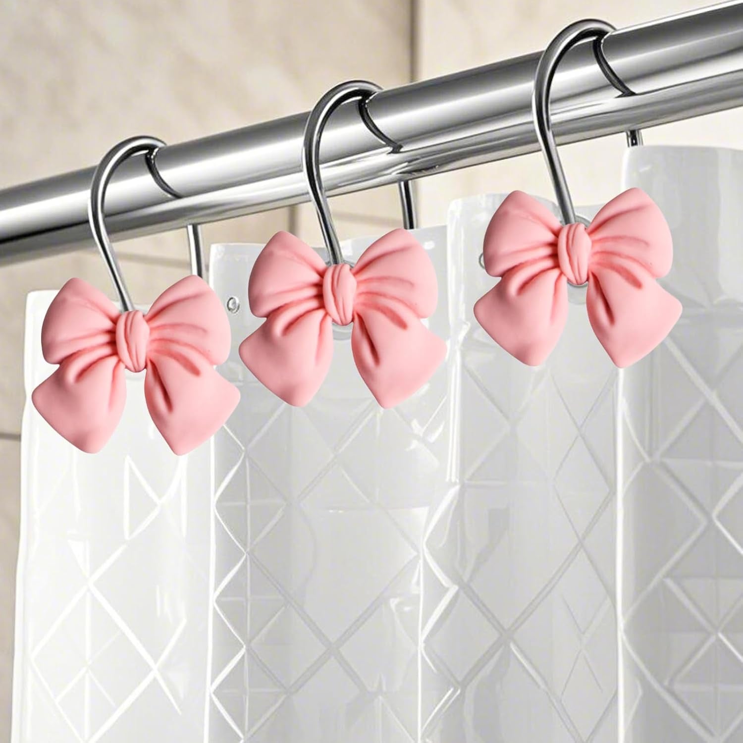 12Pcs Pink Bow Shower Curtain Hooks Set, Kawaii Bow Resin Hooks for Pink Bathroom Decor, Pink Bow Christmas, Coquette Bedroom, Girly Nursery, Cute Home Accessories