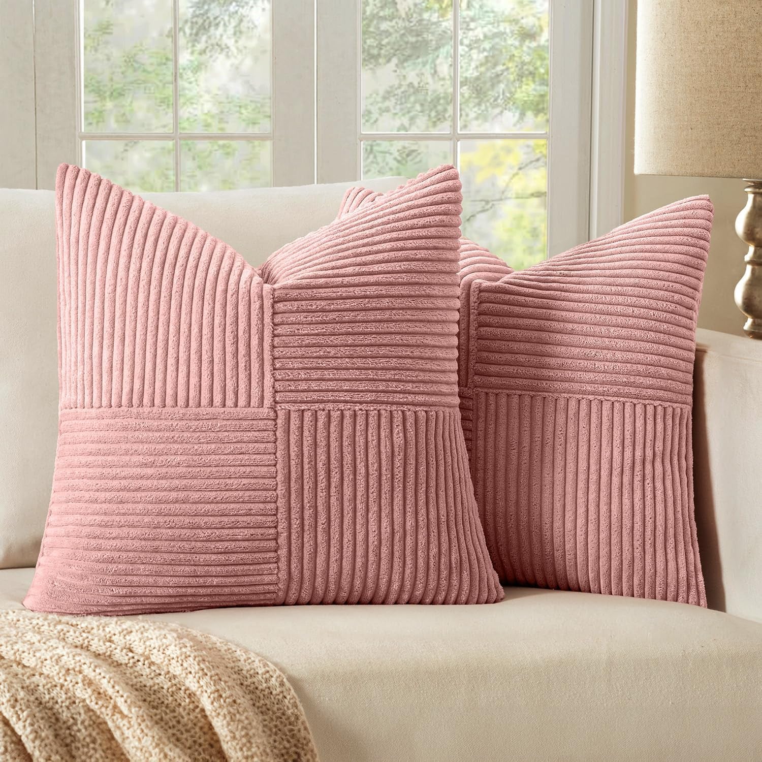 Blush Pink Corduroy Pillow Covers Pack of 2 Boho Decorative Spliced Throw Pillow Covers Soft Solid Couch Pillowcases Patchwork Cushion Covers for Living Room Bed Sofa 18X18 Inch Valentines Day