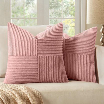 Blush Pink Corduroy Pillow Covers Pack of 2 Boho Decorative Spliced Throw Pillow Covers Soft Solid Couch Pillowcases Patchwork Cushion Covers for Living Room Bed Sofa 18X18 Inch Valentines Day