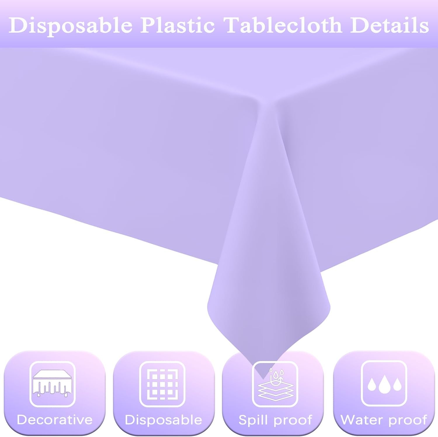 6 Pack Light Purple Rectangular Plastic Tablecloths, Pastel Purple Disposable Table Covers 54" X 108" for Birthday, BBQ, Bridal Shower, Engagement Wedding, Picnic Parties and 8 Ft Table Use
