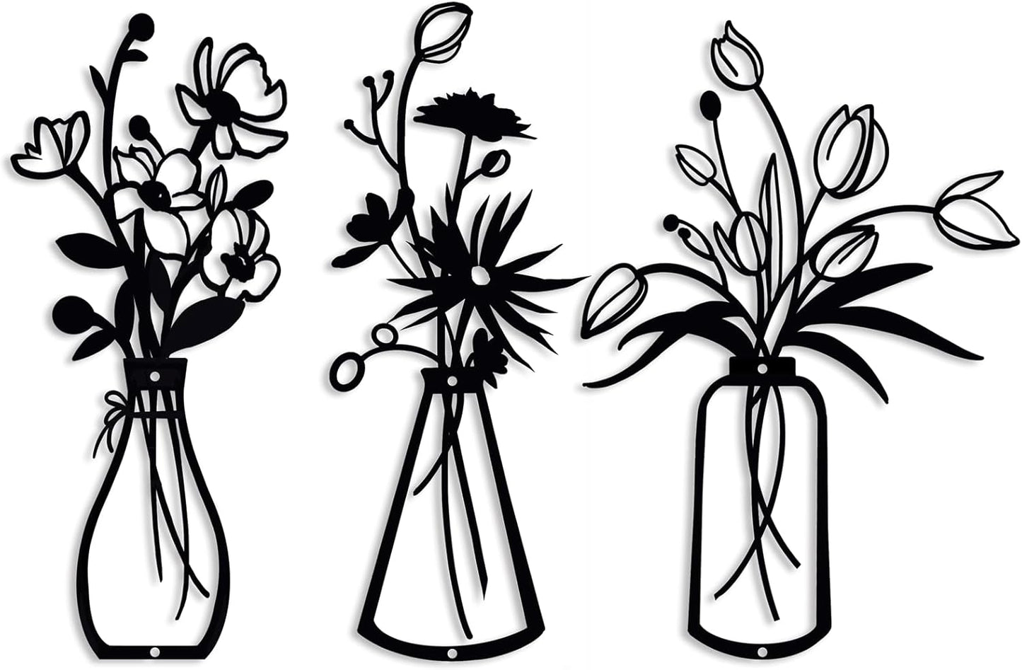 Set of 3 Black Metal Flower Wall Decor - Minimalist Rustic Vases for Home Aesthetics in Living Room, Dining Room, Kitchen, Bedroom, and Bathroom