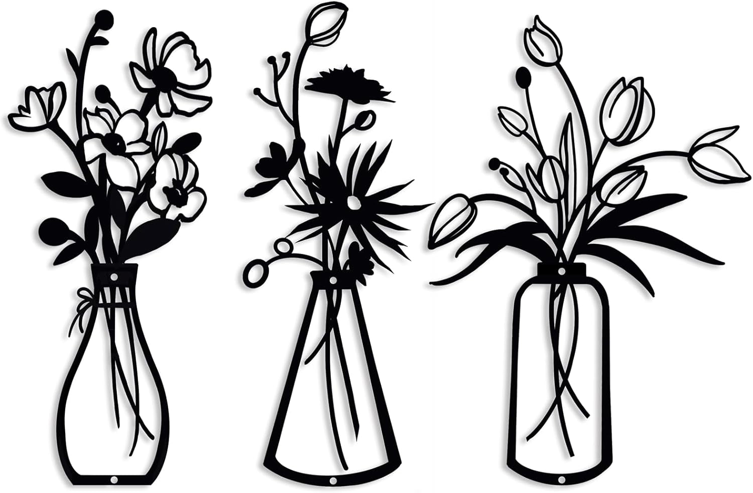 Set of 3 Black Metal Flower Wall Decor - Minimalist Rustic Vases for Home Aesthetics in Living Room, Dining Room, Kitchen, Bedroom, and Bathroom